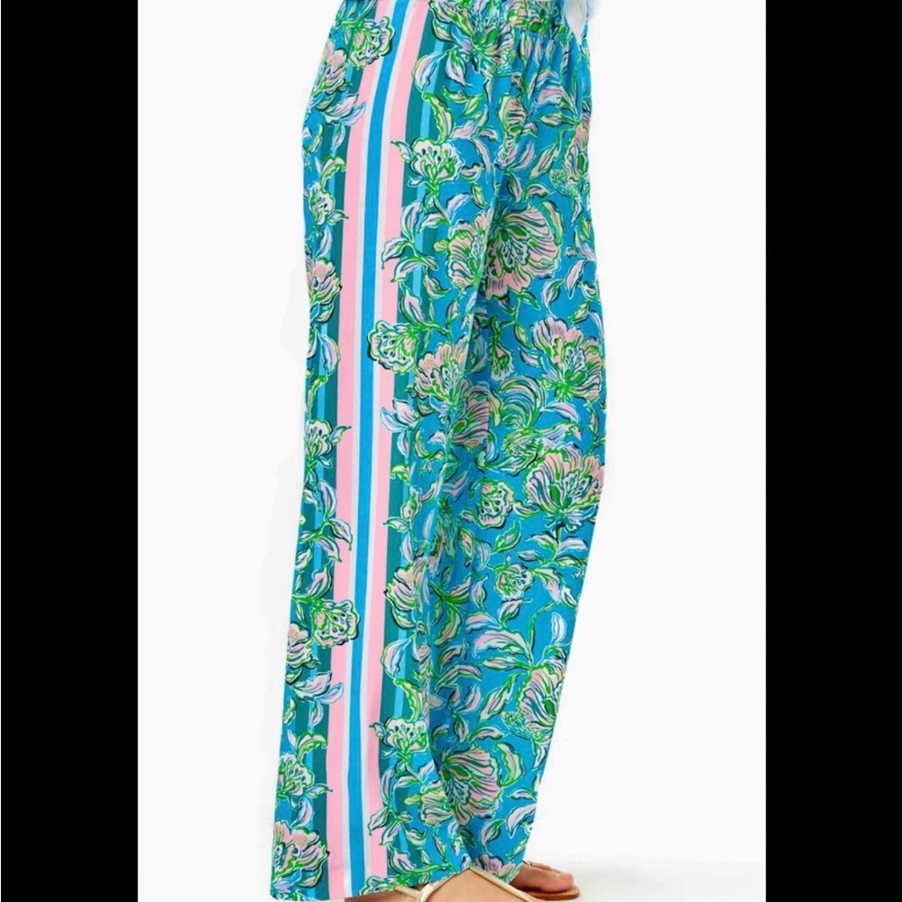 Lilly Pulitzer Turquoise Floral Wide-Leg Pants with Pink Stripes